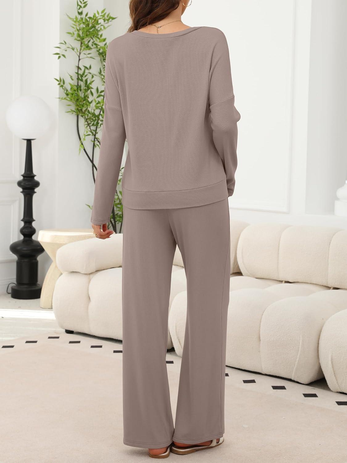 imageANRABESS Womens Fleece Pajama Sets 2 Piece Outfits Matching Lounge Set Casual Ribbed Knit Long Sleeve Pj 2025 Fall SleepwearKhaki