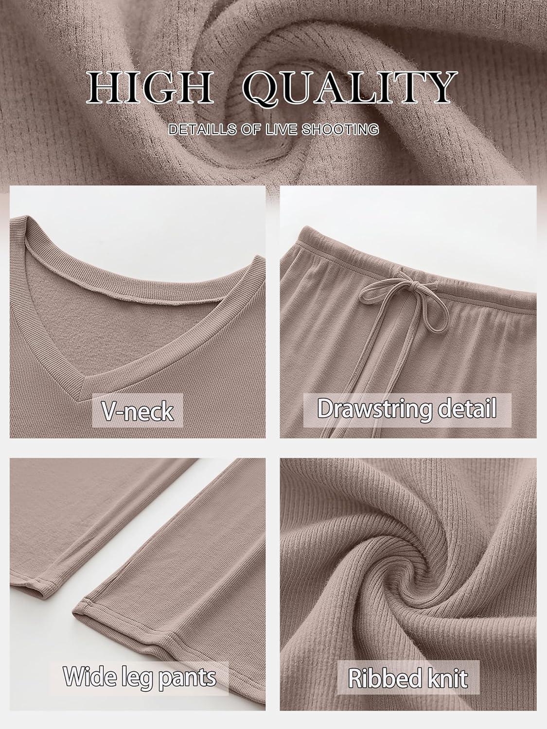 imageANRABESS Womens Fleece Pajama Sets 2 Piece Outfits Matching Lounge Set Casual Ribbed Knit Long Sleeve Pj 2025 Fall SleepwearKhaki