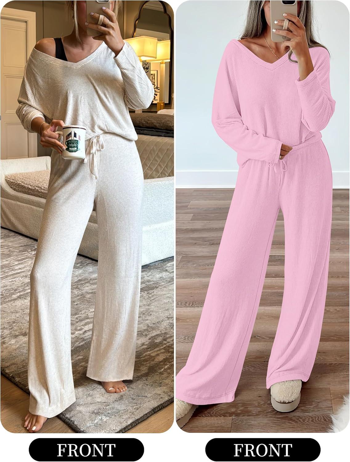 imageANRABESS Womens Fleece Pajama Sets 2 Piece Outfits Matching Lounge Set Casual Ribbed Knit Long Sleeve Pj 2025 Fall SleepwearPink