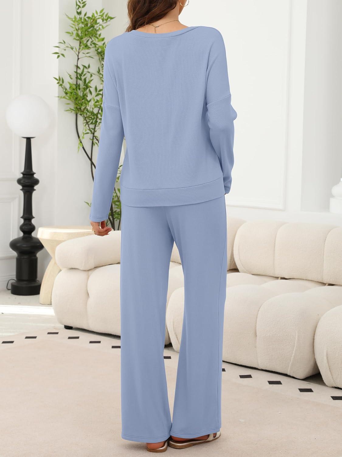 imageANRABESS Womens Fleece Pajama Sets 2 Piece Outfits Matching Lounge Set Casual Ribbed Knit Long Sleeve Pj 2025 Fall SleepwearSky