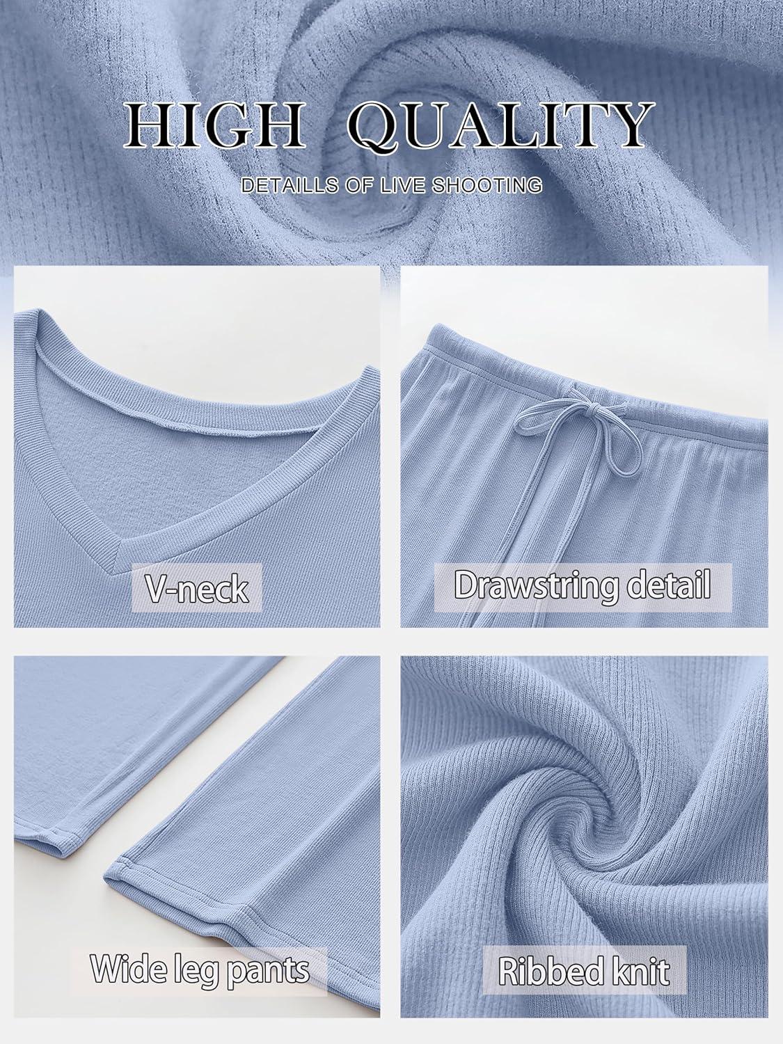 imageANRABESS Womens Fleece Pajama Sets 2 Piece Outfits Matching Lounge Set Casual Ribbed Knit Long Sleeve Pj 2025 Fall SleepwearSky