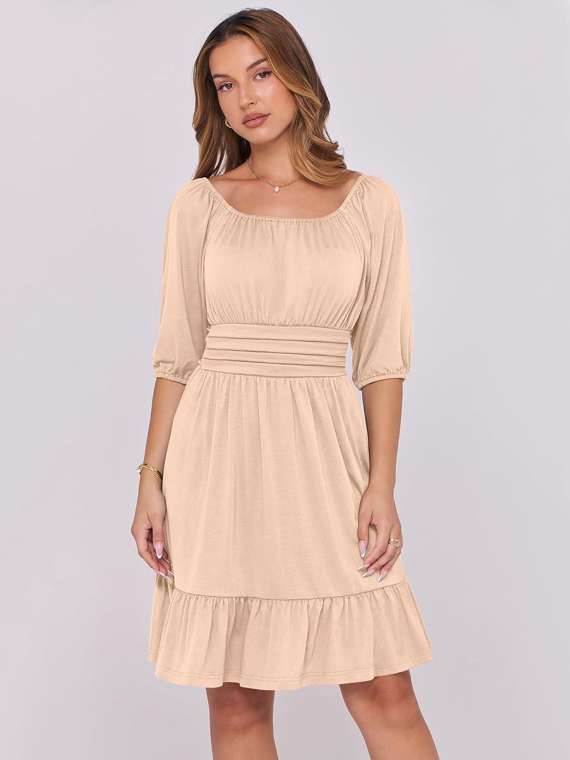 imageANRABESS Womens Half Sleeve Mini Dress 2025 Fall Square Neck Casual Flowy Wedding Guest Dresses Summer Beach Vacation OutfitsApricot