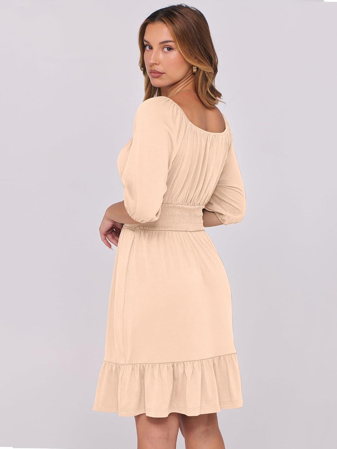 imageANRABESS Womens Half Sleeve Mini Dress 2025 Fall Square Neck Casual Flowy Wedding Guest Dresses Summer Beach Vacation OutfitsApricot