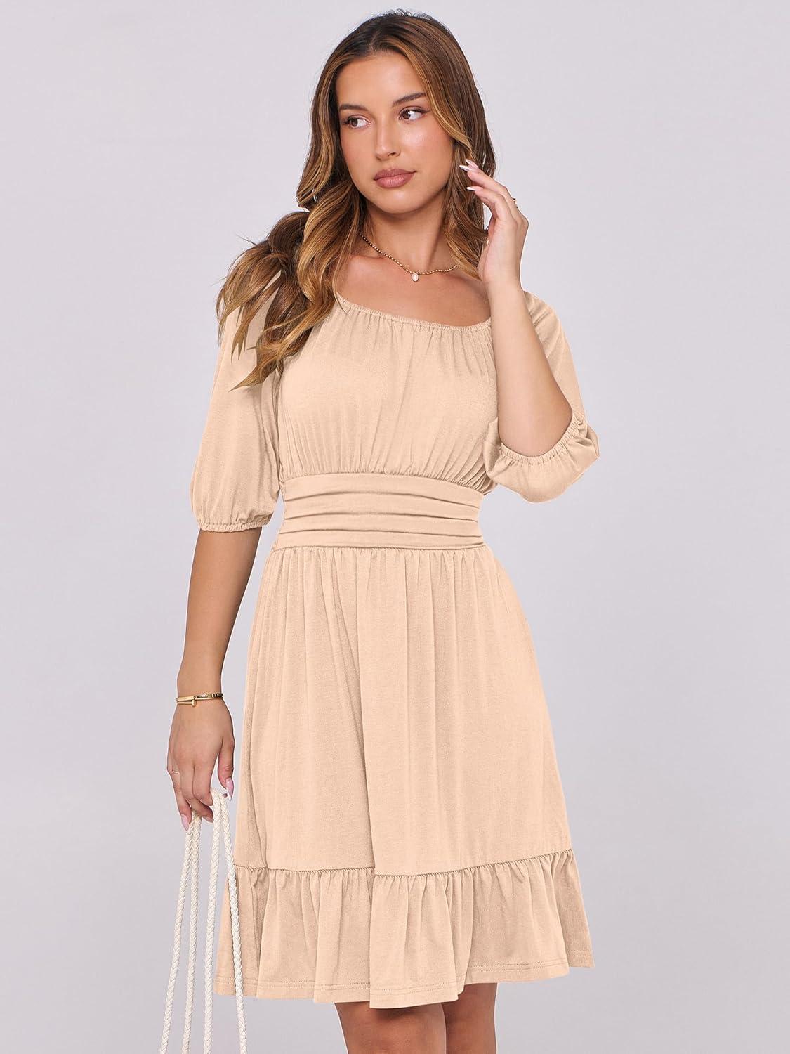 imageANRABESS Womens Half Sleeve Mini Dress 2025 Fall Square Neck Casual Flowy Wedding Guest Dresses Summer Beach Vacation OutfitsApricot