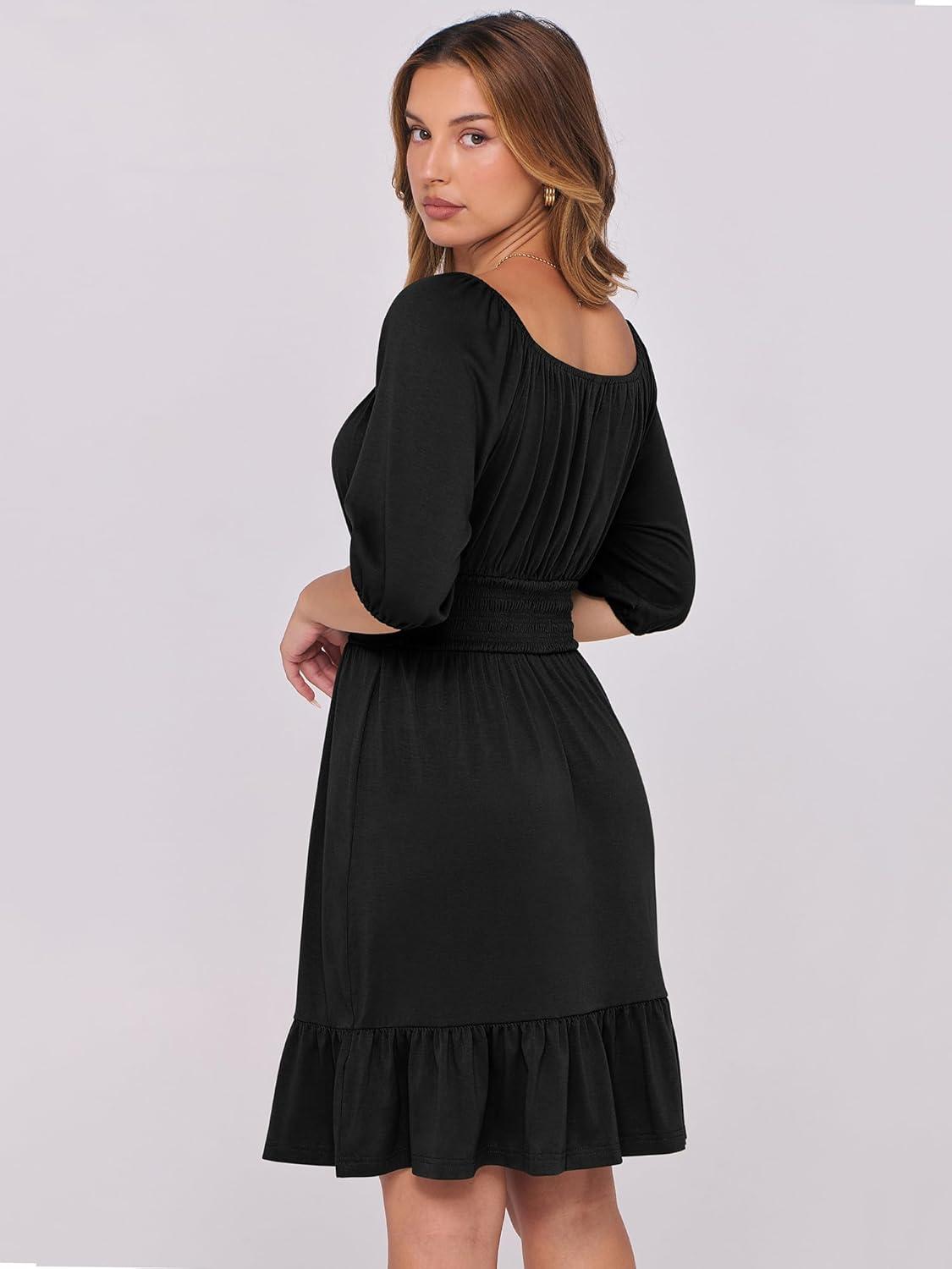 imageANRABESS Womens Half Sleeve Mini Dress 2025 Fall Square Neck Casual Flowy Wedding Guest Dresses Summer Beach Vacation OutfitsBlack