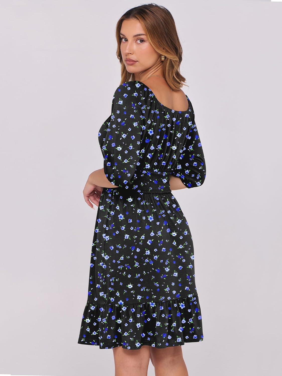 imageANRABESS Womens Half Sleeve Mini Dress 2025 Fall Square Neck Casual Flowy Wedding Guest Dresses Summer Beach Vacation OutfitsBlue Floral