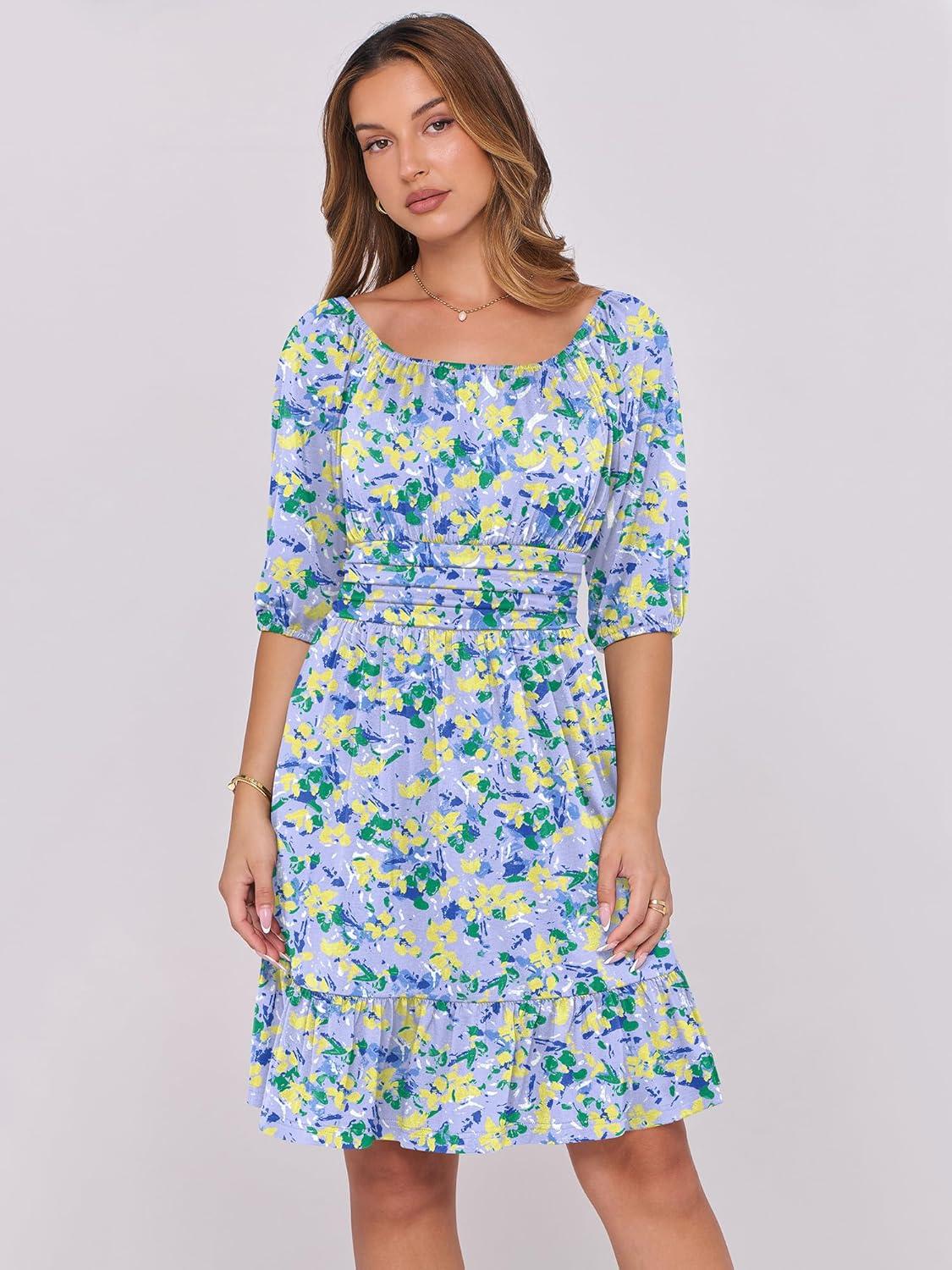 imageANRABESS Womens Half Sleeve Mini Dress 2025 Fall Square Neck Casual Flowy Wedding Guest Dresses Summer Beach Vacation OutfitsBlue Yellow Floral