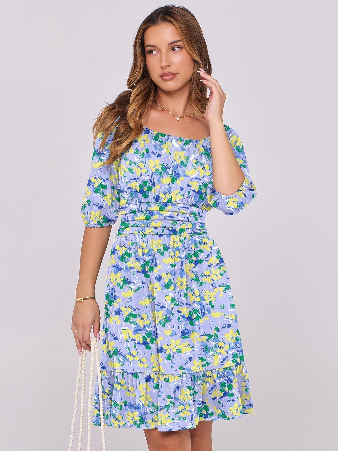 imageANRABESS Womens Half Sleeve Mini Dress 2025 Fall Square Neck Casual Flowy Wedding Guest Dresses Summer Beach Vacation OutfitsBlue Yellow Floral