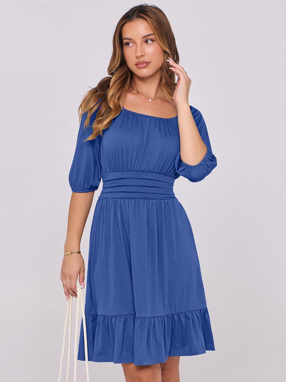 imageANRABESS Womens Half Sleeve Mini Dress 2025 Fall Square Neck Casual Flowy Wedding Guest Dresses Summer Beach Vacation OutfitsDark Blue