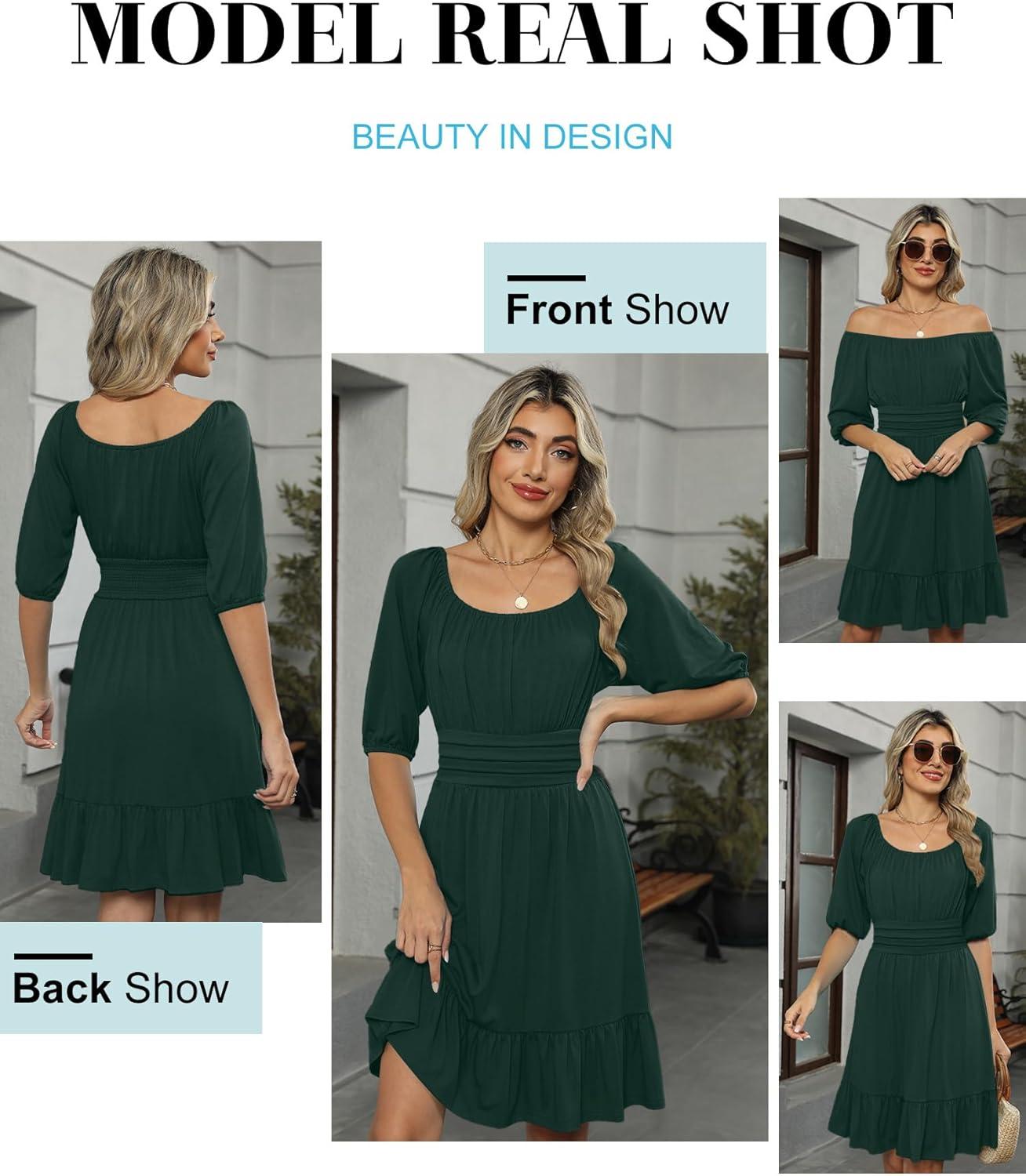 imageANRABESS Womens Half Sleeve Mini Dress 2025 Fall Square Neck Casual Flowy Wedding Guest Dresses Summer Beach Vacation OutfitsDark Green