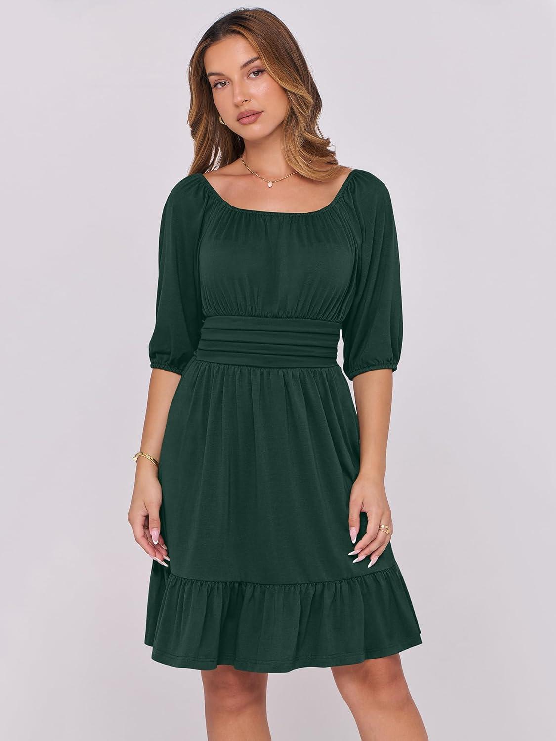 imageANRABESS Womens Half Sleeve Mini Dress 2025 Fall Square Neck Casual Flowy Wedding Guest Dresses Summer Beach Vacation OutfitsDark Green