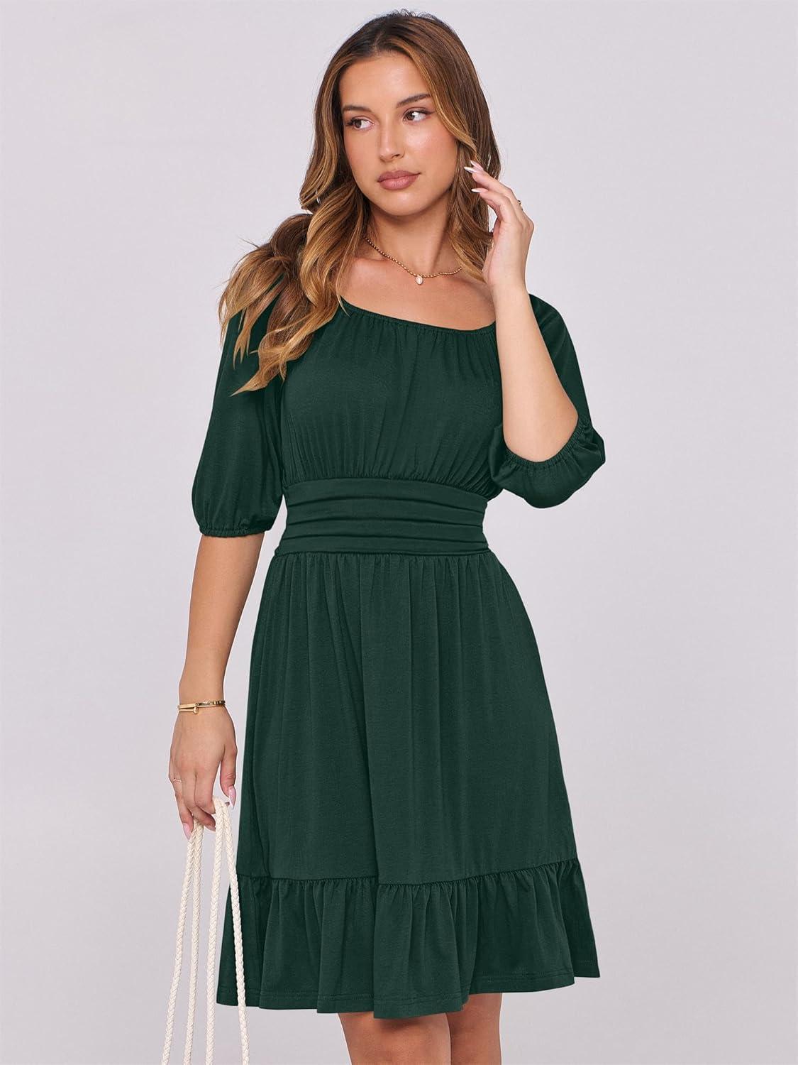 imageANRABESS Womens Half Sleeve Mini Dress 2025 Fall Square Neck Casual Flowy Wedding Guest Dresses Summer Beach Vacation OutfitsDark Green