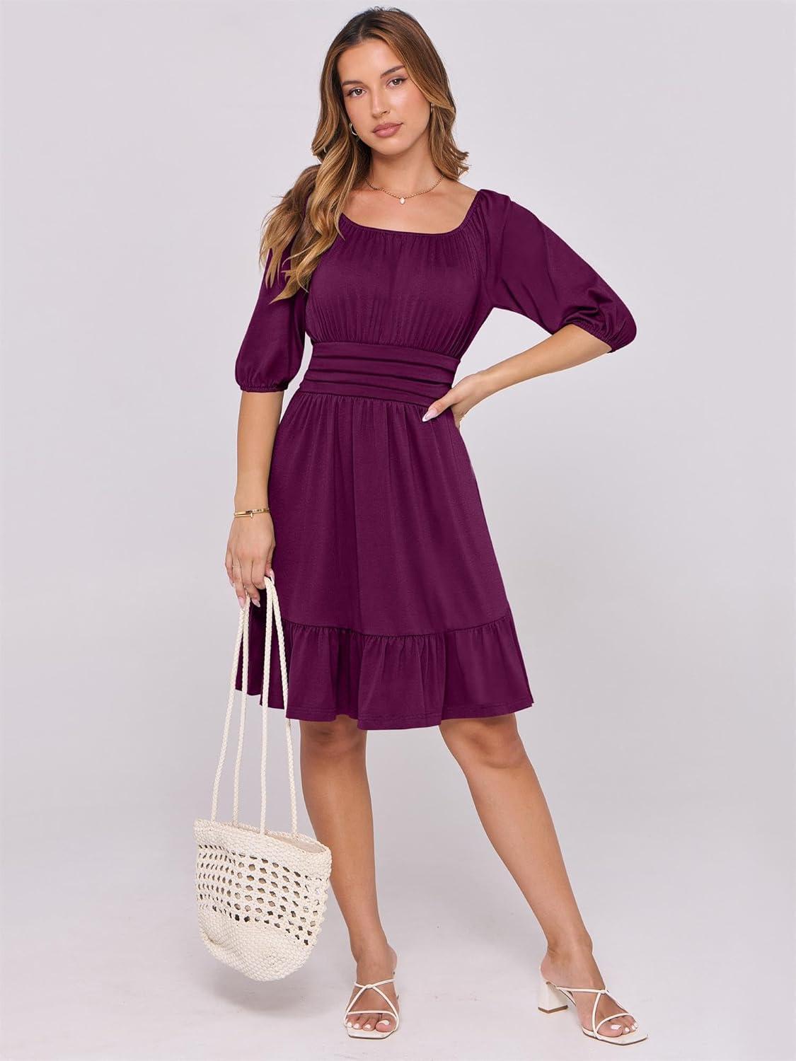 imageANRABESS Womens Half Sleeve Mini Dress 2025 Fall Square Neck Casual Flowy Wedding Guest Dresses Summer Beach Vacation OutfitsDark Purple