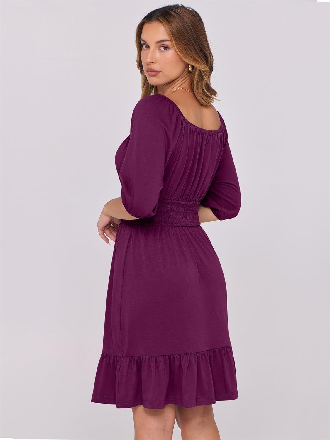 imageANRABESS Womens Half Sleeve Mini Dress 2025 Fall Square Neck Casual Flowy Wedding Guest Dresses Summer Beach Vacation OutfitsDark Purple