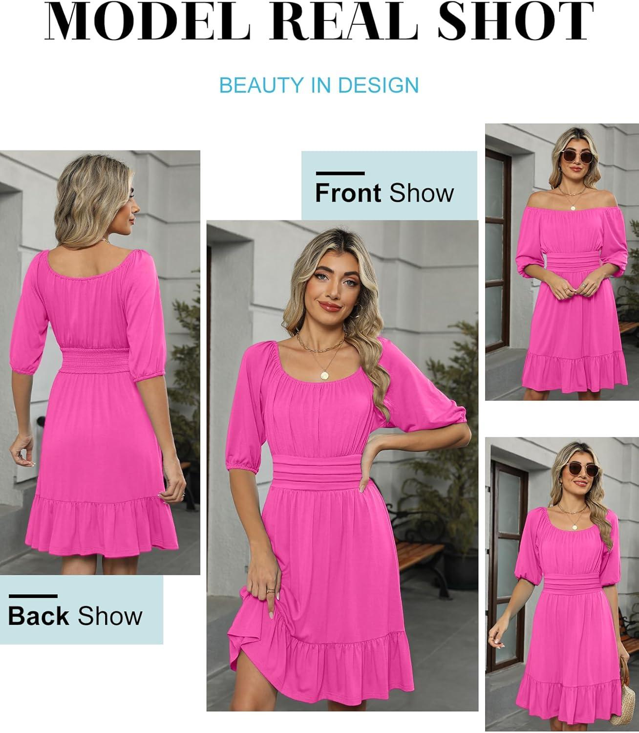 imageANRABESS Womens Half Sleeve Mini Dress 2025 Fall Square Neck Casual Flowy Wedding Guest Dresses Summer Beach Vacation OutfitsHot Pink