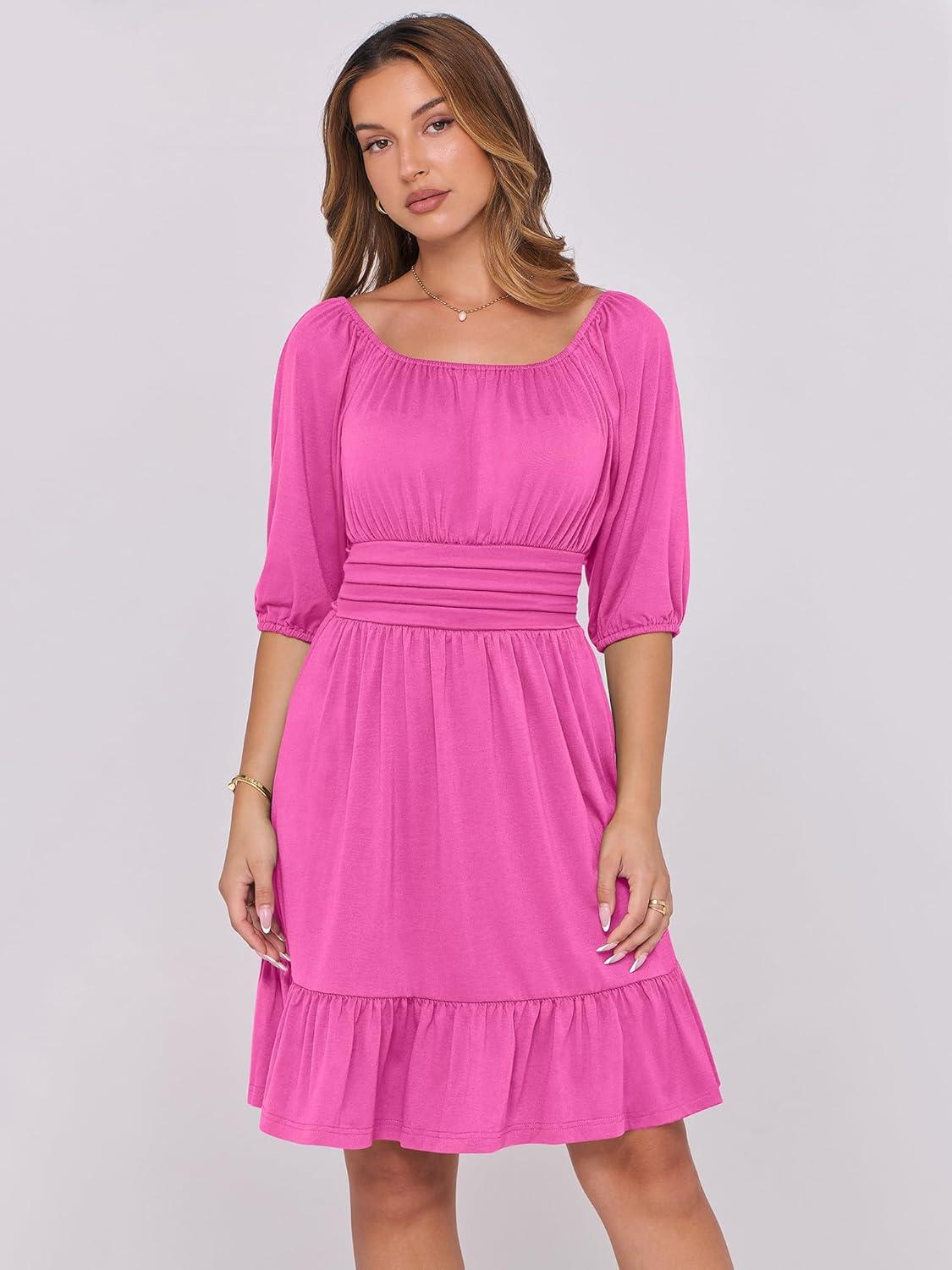 imageANRABESS Womens Half Sleeve Mini Dress 2025 Fall Square Neck Casual Flowy Wedding Guest Dresses Summer Beach Vacation OutfitsHot Pink