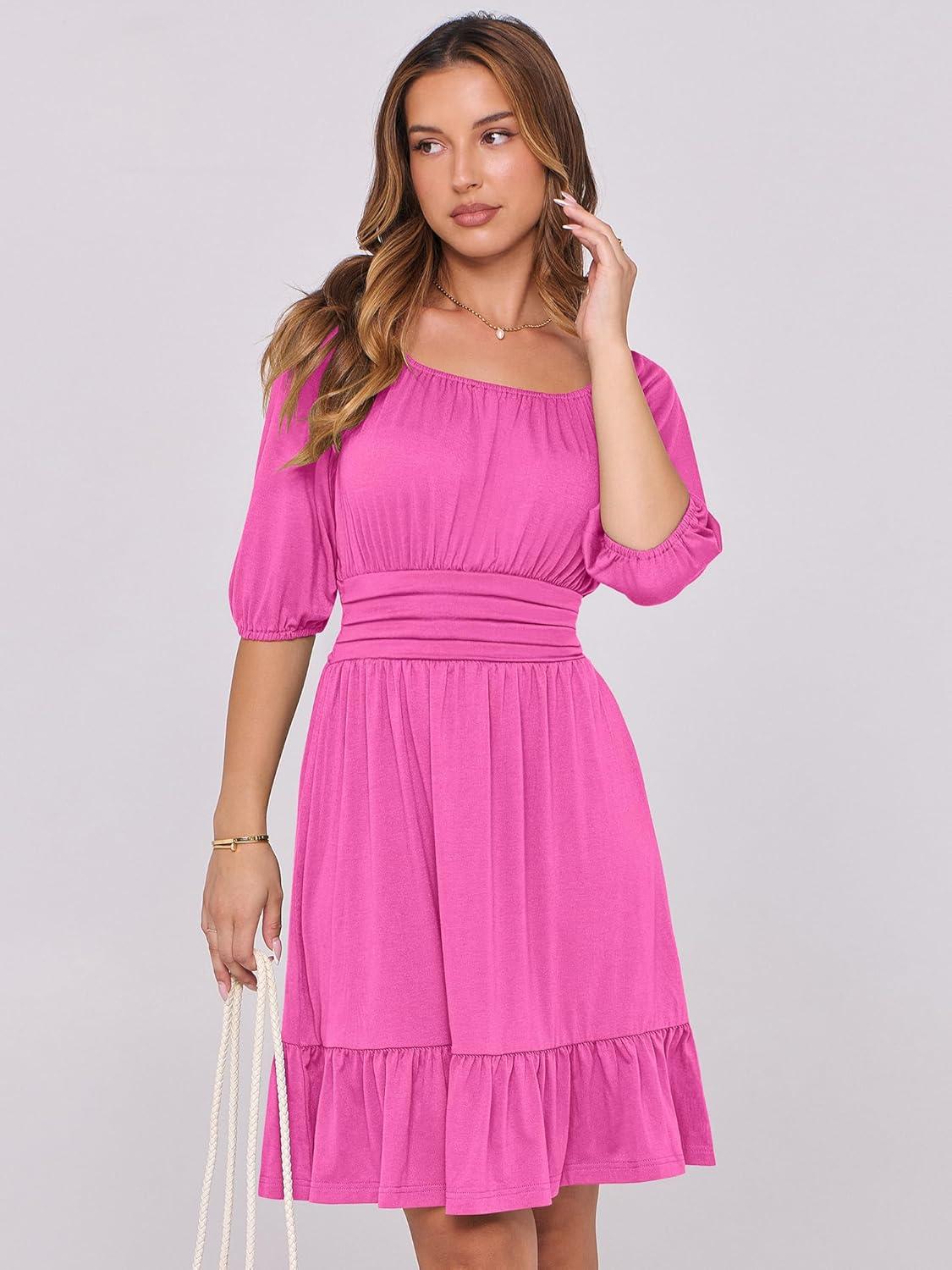 imageANRABESS Womens Half Sleeve Mini Dress 2025 Fall Square Neck Casual Flowy Wedding Guest Dresses Summer Beach Vacation OutfitsHot Pink