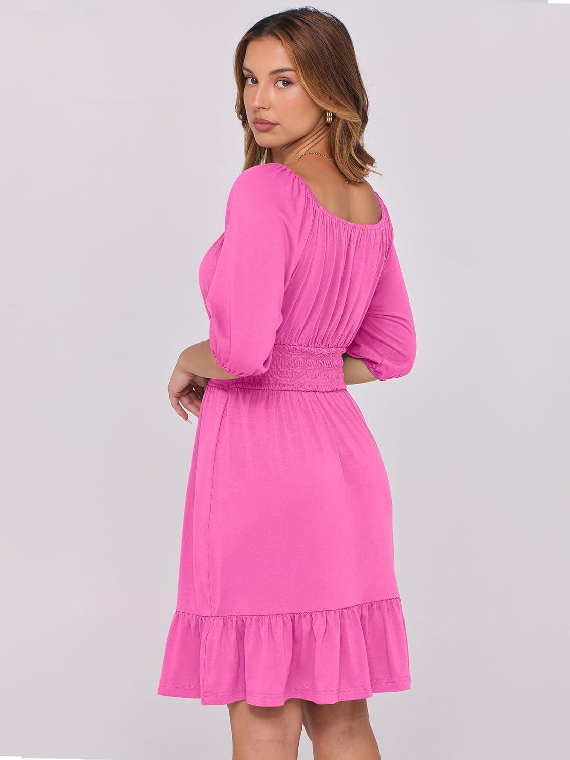 imageANRABESS Womens Half Sleeve Mini Dress 2025 Fall Square Neck Casual Flowy Wedding Guest Dresses Summer Beach Vacation OutfitsHot Pink