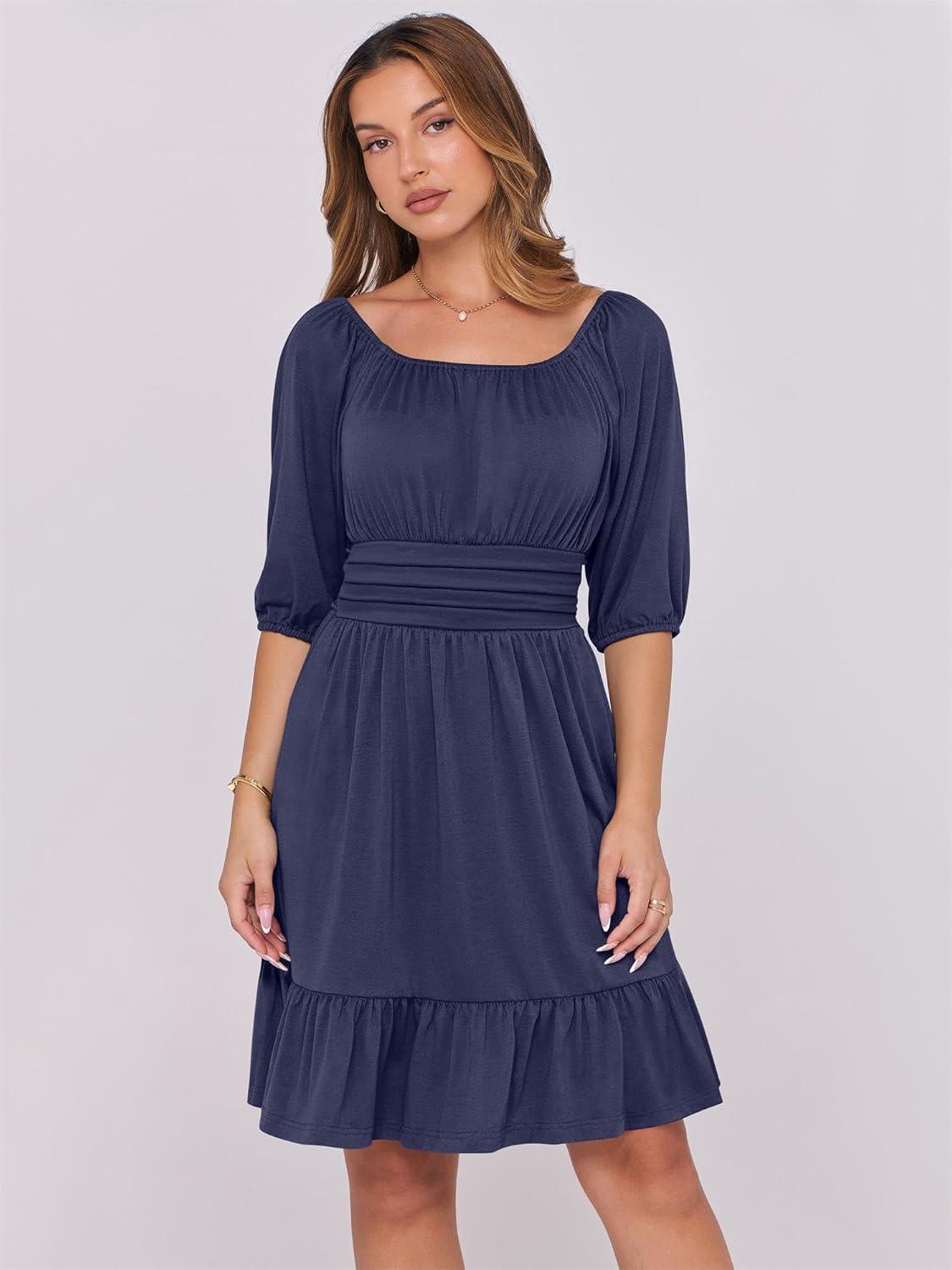 imageANRABESS Womens Half Sleeve Mini Dress 2025 Fall Square Neck Casual Flowy Wedding Guest Dresses Summer Beach Vacation OutfitsNavy Blue