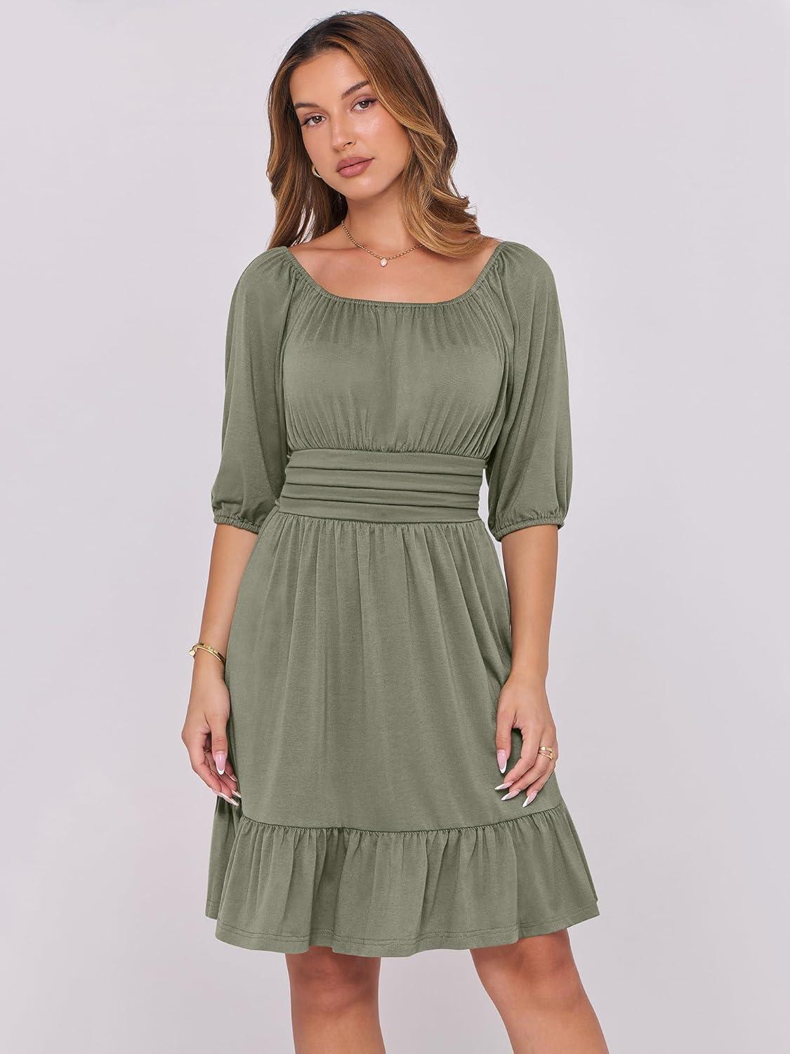 imageANRABESS Womens Half Sleeve Mini Dress 2025 Fall Square Neck Casual Flowy Wedding Guest Dresses Summer Beach Vacation OutfitsOlive