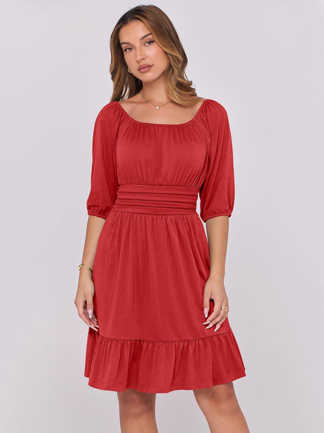 imageANRABESS Womens Half Sleeve Mini Dress 2025 Fall Square Neck Casual Flowy Wedding Guest Dresses Summer Beach Vacation OutfitsRed