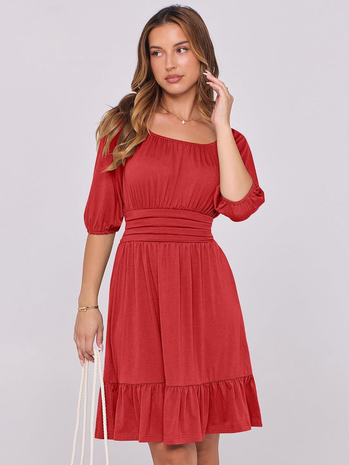 imageANRABESS Womens Half Sleeve Mini Dress 2025 Fall Square Neck Casual Flowy Wedding Guest Dresses Summer Beach Vacation OutfitsRed