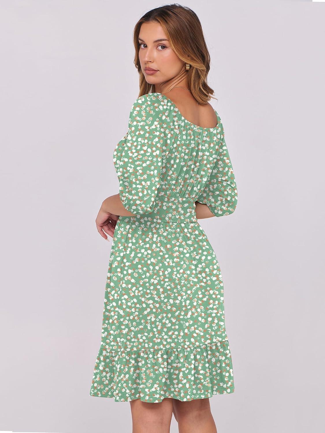 imageANRABESS Womens Half Sleeve Mini Dress 2025 Fall Square Neck Casual Flowy Wedding Guest Dresses Summer Beach Vacation OutfitsWhite Brown Dot