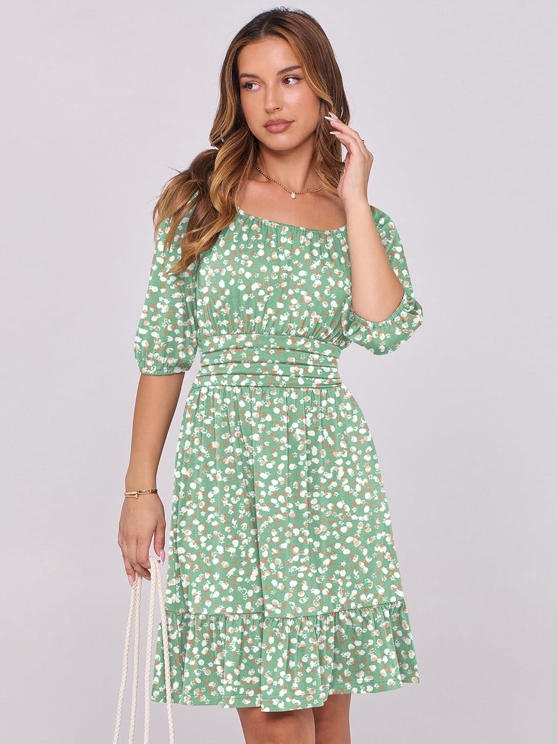 imageANRABESS Womens Half Sleeve Mini Dress 2025 Fall Square Neck Casual Flowy Wedding Guest Dresses Summer Beach Vacation OutfitsWhite Brown Dot