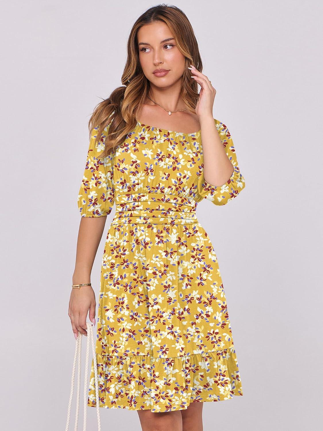 imageANRABESS Womens Half Sleeve Mini Dress 2025 Fall Square Neck Casual Flowy Wedding Guest Dresses Summer Beach Vacation OutfitsYellow Red Floral