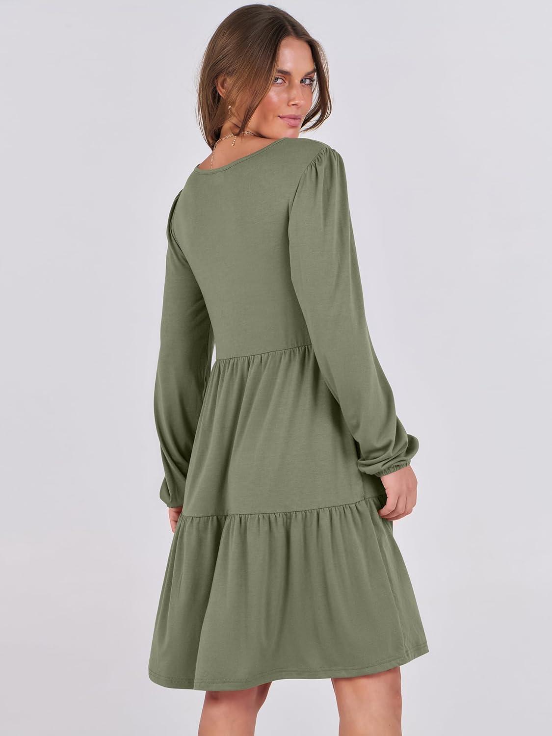 imageANRABESS Womens Long Sleeve Dress 2025 Fall Casual V Neck Tiered Flowy Short Dresses Beach Travel Vacation OutfitsArmy Green