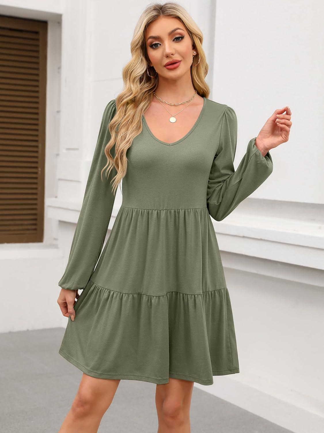 imageANRABESS Womens Long Sleeve Dress 2025 Fall Casual V Neck Tiered Flowy Short Dresses Beach Travel Vacation OutfitsArmy Green