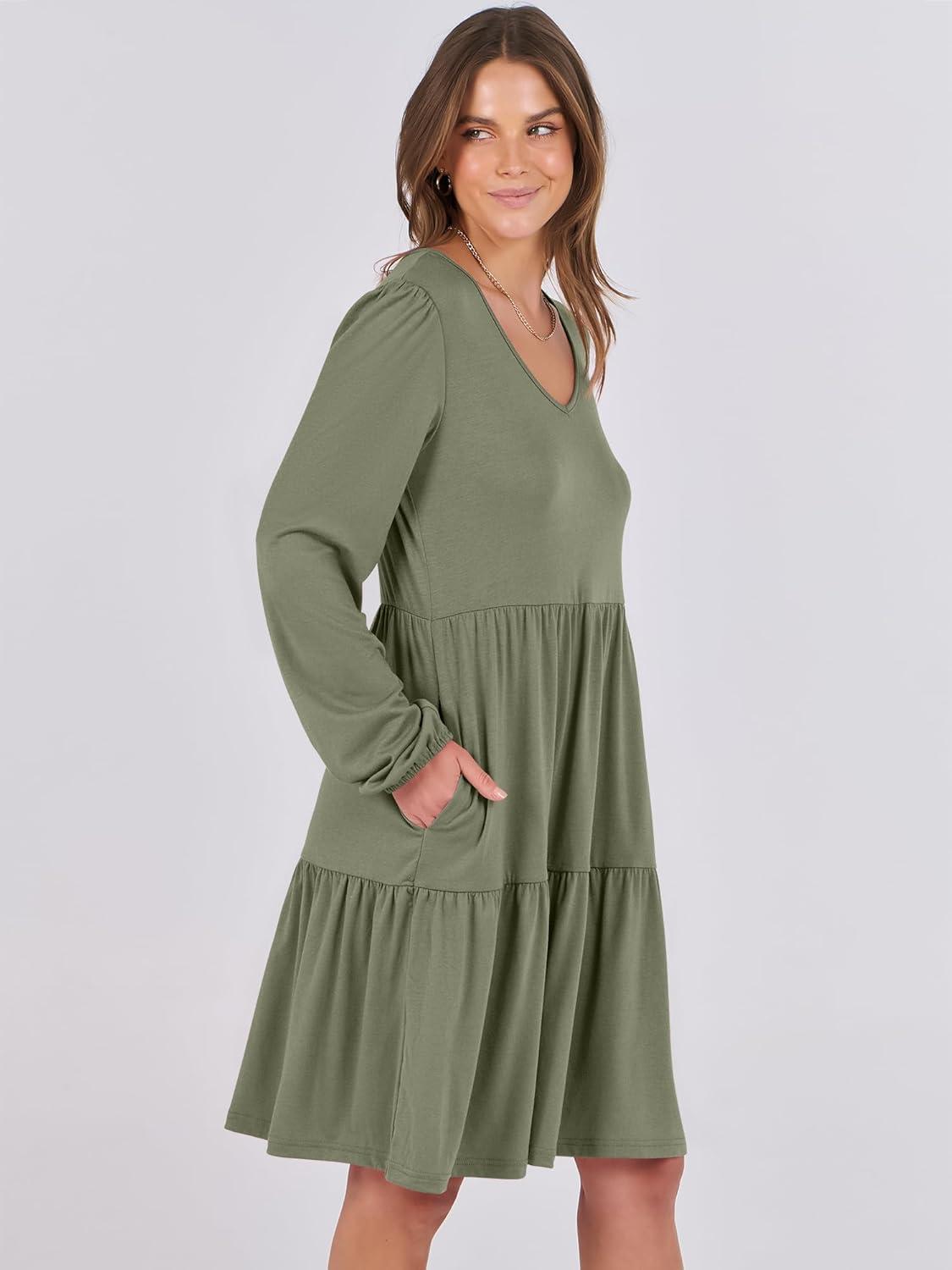 imageANRABESS Womens Long Sleeve Dress 2025 Fall Casual V Neck Tiered Flowy Short Dresses Beach Travel Vacation OutfitsArmy Green
