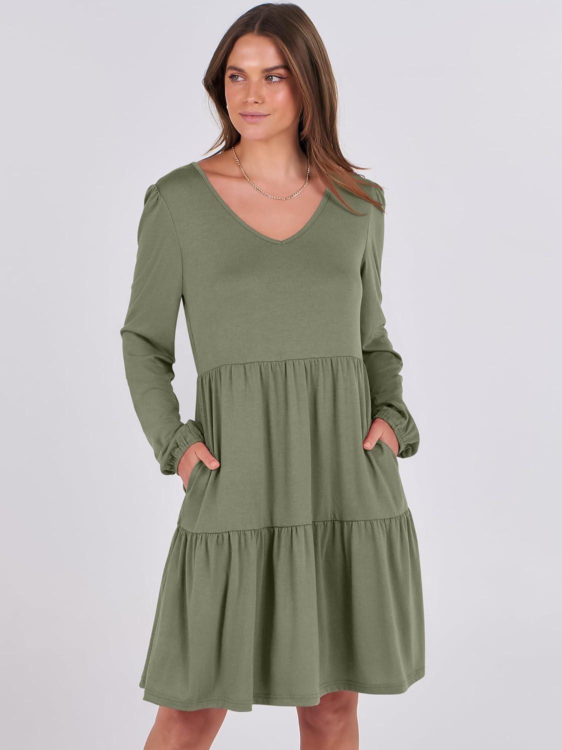 imageANRABESS Womens Long Sleeve Dress 2025 Fall Casual V Neck Tiered Flowy Short Dresses Beach Travel Vacation OutfitsArmy Green