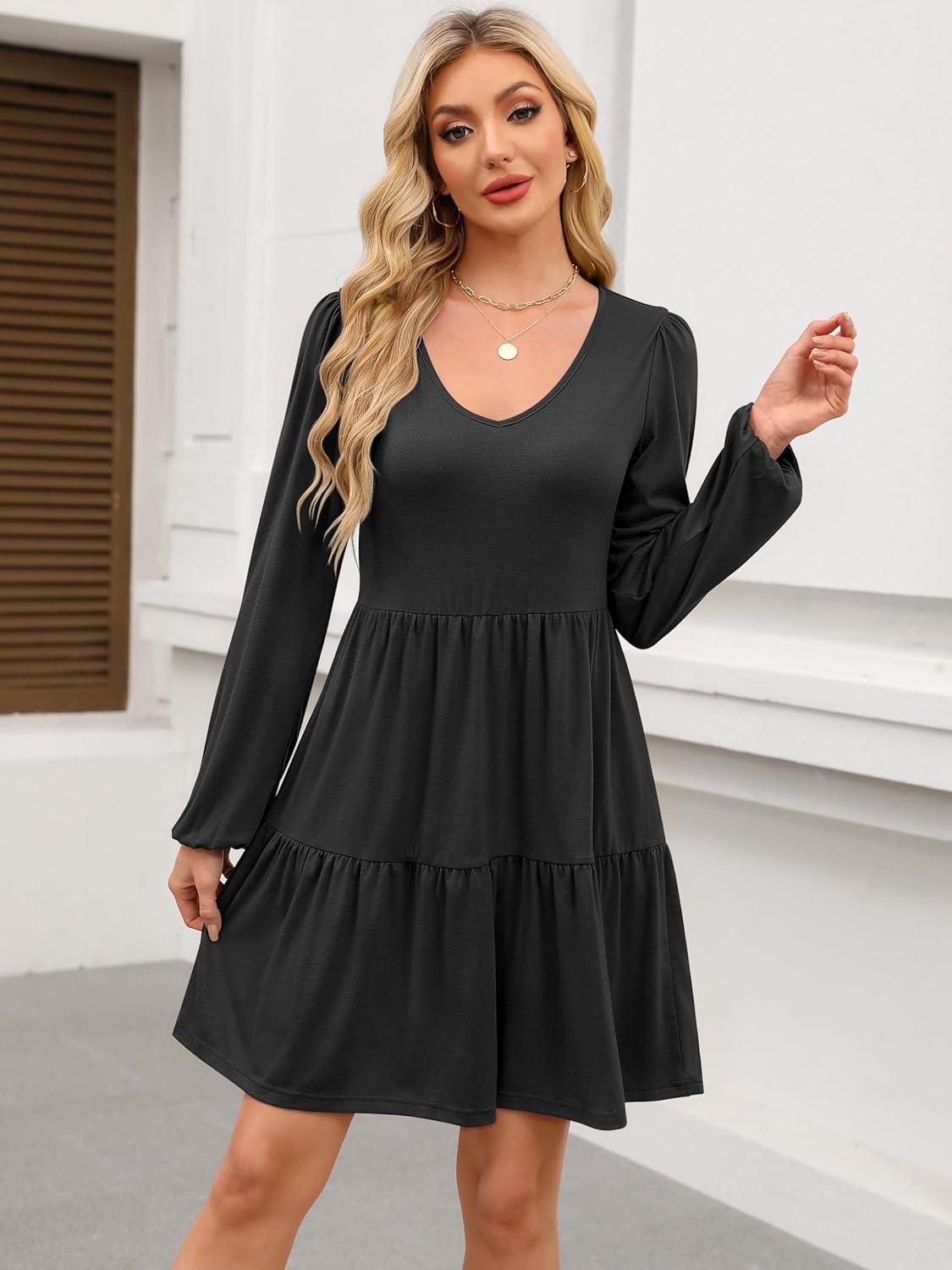 imageANRABESS Womens Long Sleeve Dress 2025 Fall Casual V Neck Tiered Flowy Short Dresses Beach Travel Vacation OutfitsBlack