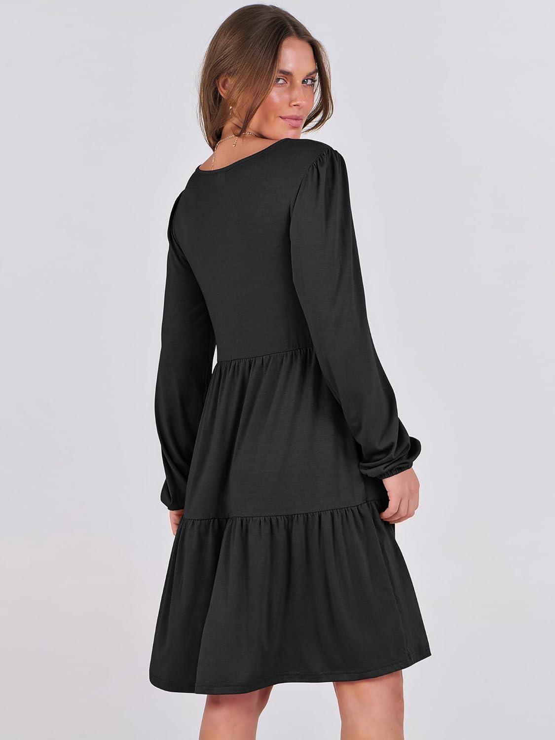 imageANRABESS Womens Long Sleeve Dress 2025 Fall Casual V Neck Tiered Flowy Short Dresses Beach Travel Vacation OutfitsBlack