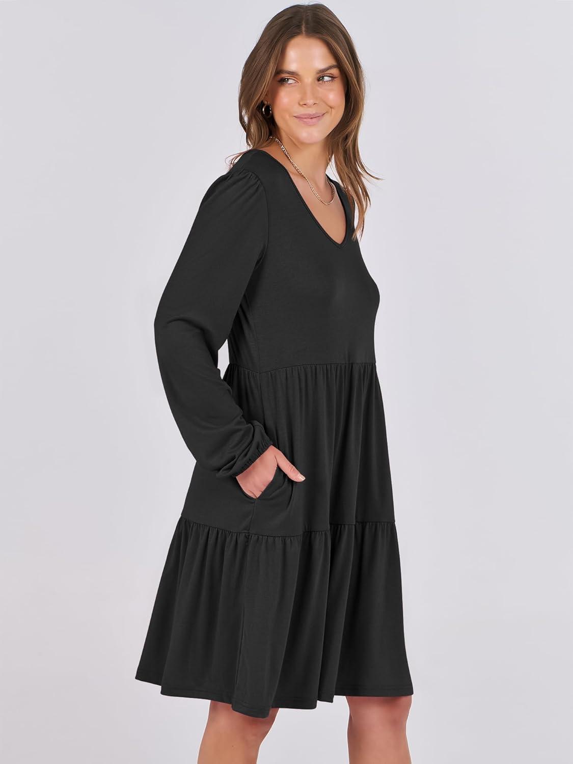 imageANRABESS Womens Long Sleeve Dress 2025 Fall Casual V Neck Tiered Flowy Short Dresses Beach Travel Vacation OutfitsBlack
