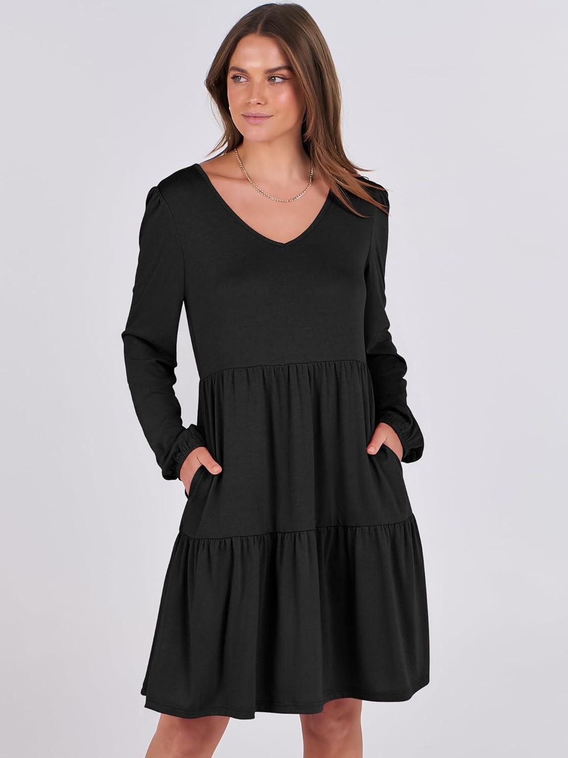 imageANRABESS Womens Long Sleeve Dress 2025 Fall Casual V Neck Tiered Flowy Short Dresses Beach Travel Vacation OutfitsBlack