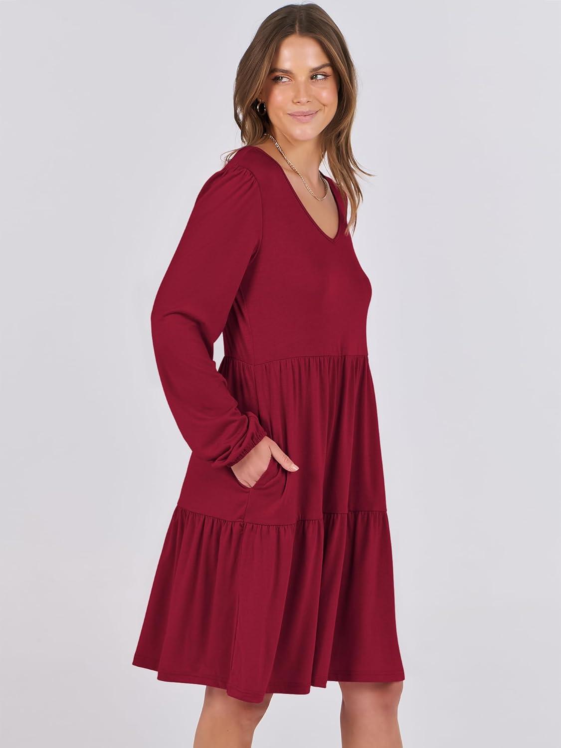 imageANRABESS Womens Long Sleeve Dress 2025 Fall Casual V Neck Tiered Flowy Short Dresses Beach Travel Vacation OutfitsBurgundy