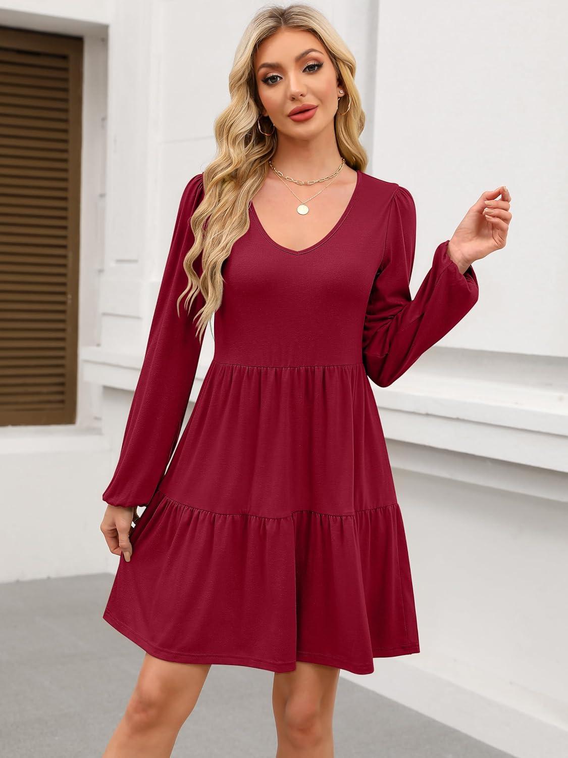 imageANRABESS Womens Long Sleeve Dress 2025 Fall Casual V Neck Tiered Flowy Short Dresses Beach Travel Vacation OutfitsBurgundy