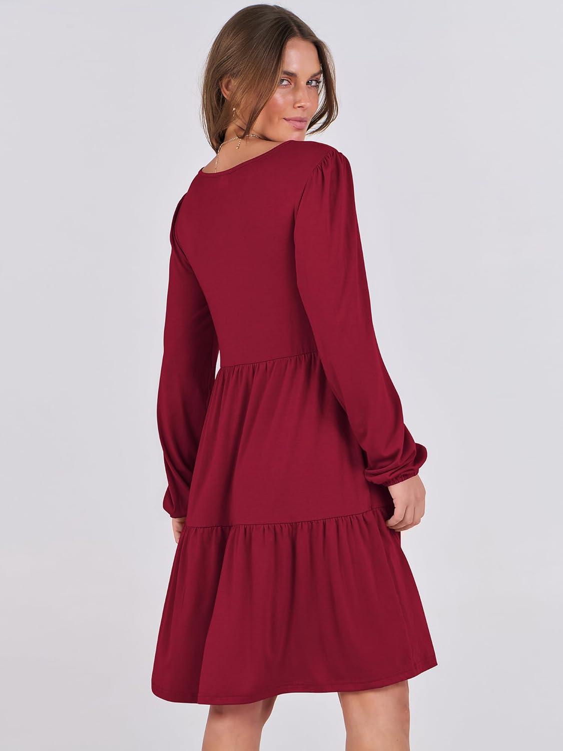 imageANRABESS Womens Long Sleeve Dress 2025 Fall Casual V Neck Tiered Flowy Short Dresses Beach Travel Vacation OutfitsBurgundy