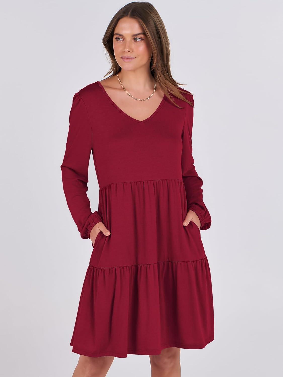 imageANRABESS Womens Long Sleeve Dress 2025 Fall Casual V Neck Tiered Flowy Short Dresses Beach Travel Vacation OutfitsBurgundy