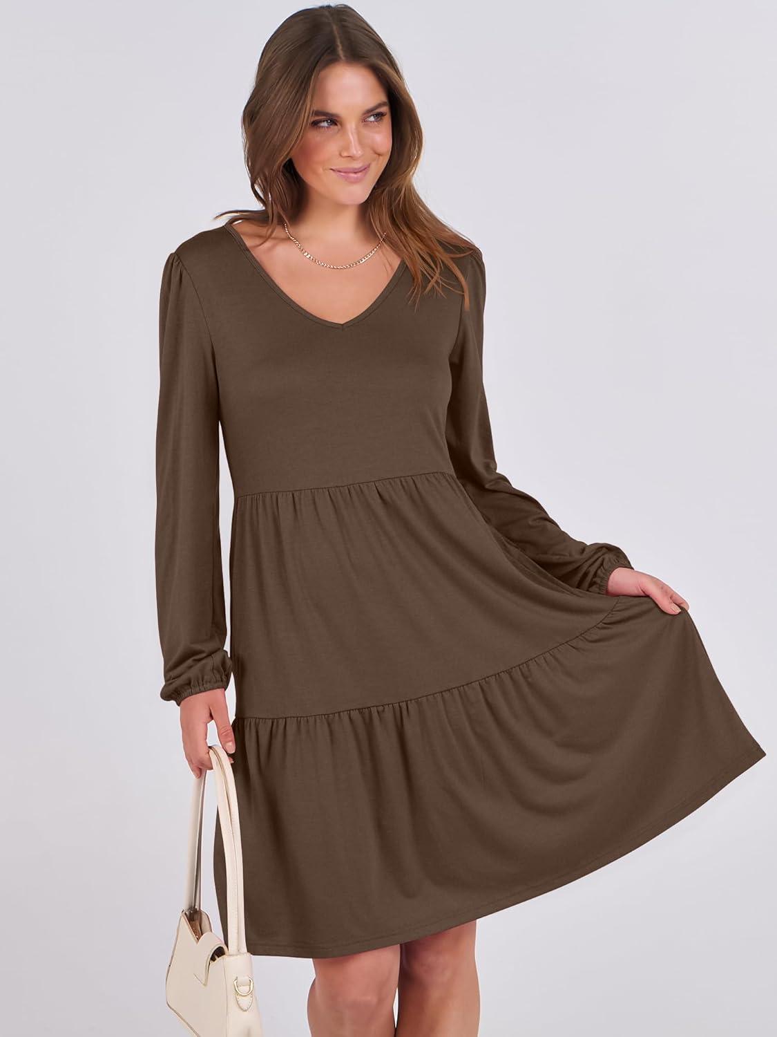 imageANRABESS Womens Long Sleeve Dress 2025 Fall Casual V Neck Tiered Flowy Short Dresses Beach Travel Vacation OutfitsCoffee