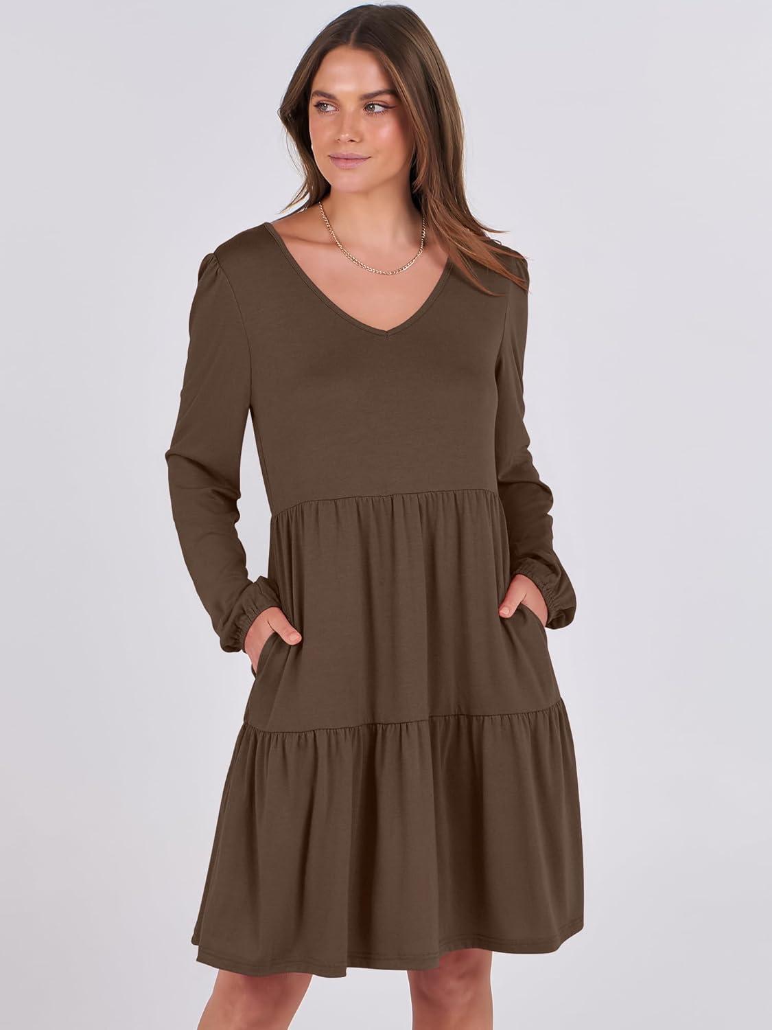imageANRABESS Womens Long Sleeve Dress 2025 Fall Casual V Neck Tiered Flowy Short Dresses Beach Travel Vacation OutfitsCoffee