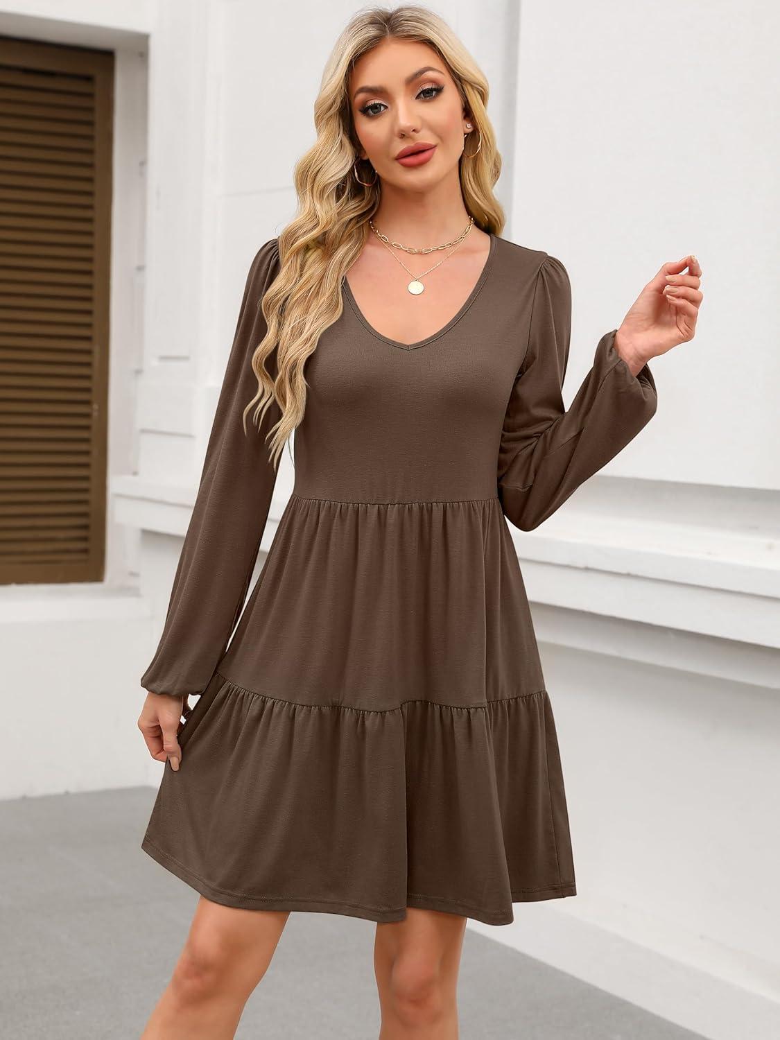 imageANRABESS Womens Long Sleeve Dress 2025 Fall Casual V Neck Tiered Flowy Short Dresses Beach Travel Vacation OutfitsCoffee