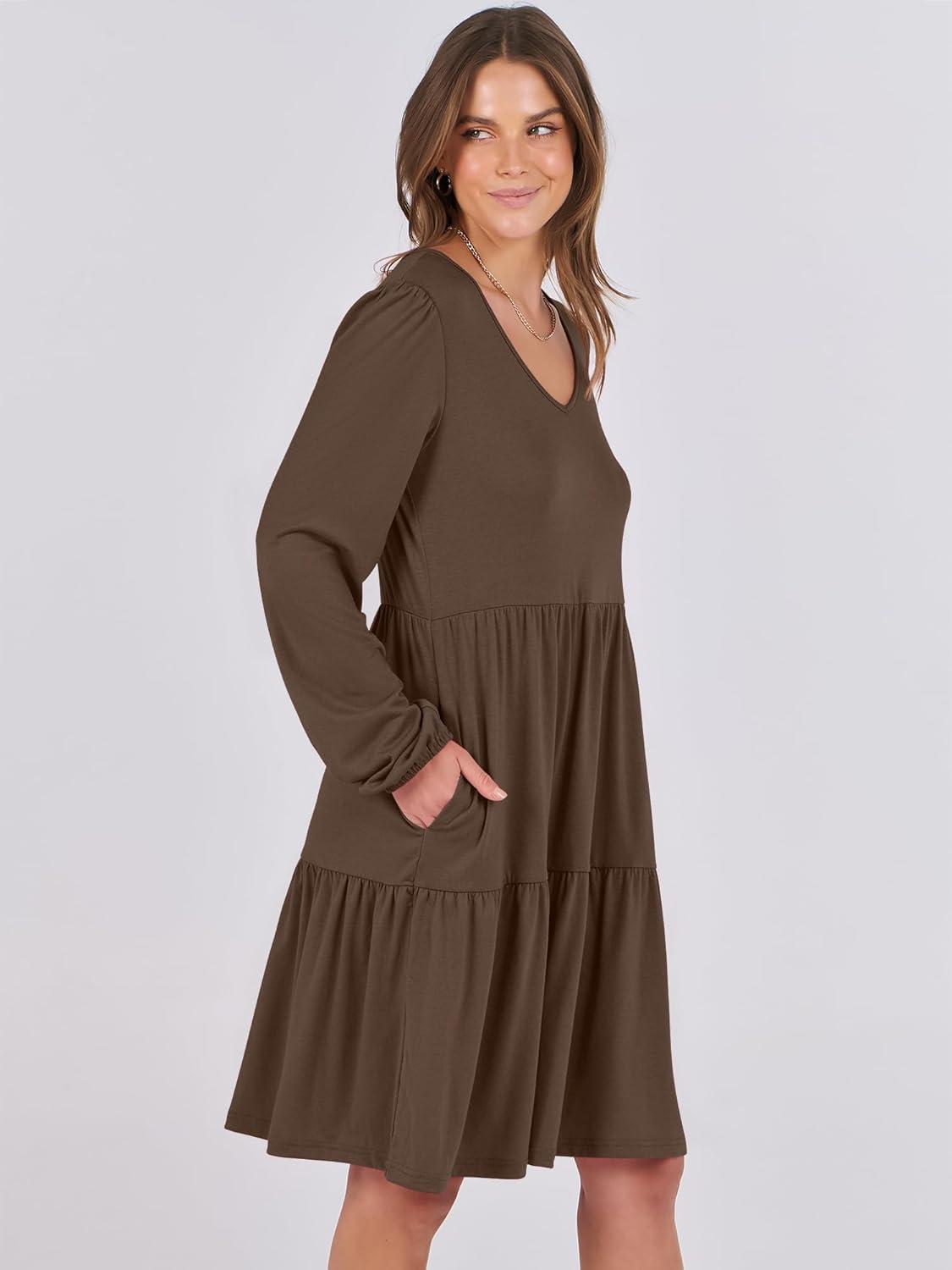imageANRABESS Womens Long Sleeve Dress 2025 Fall Casual V Neck Tiered Flowy Short Dresses Beach Travel Vacation OutfitsCoffee