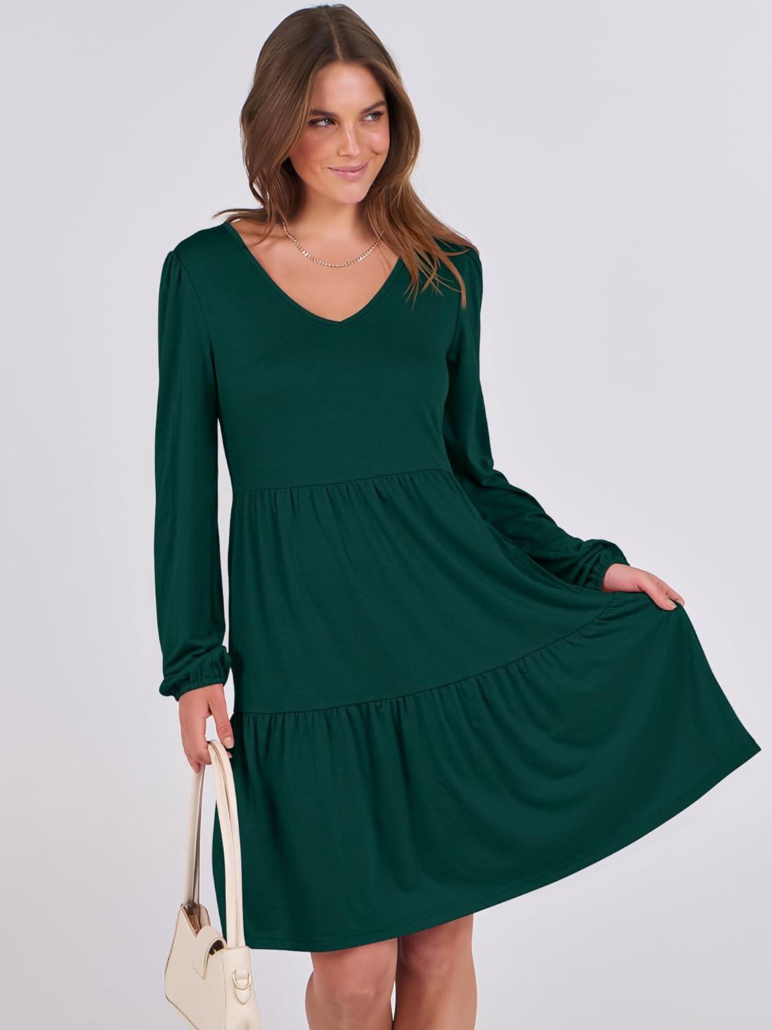 imageANRABESS Womens Long Sleeve Dress 2025 Fall Casual V Neck Tiered Flowy Short Dresses Beach Travel Vacation OutfitsDeep Green
