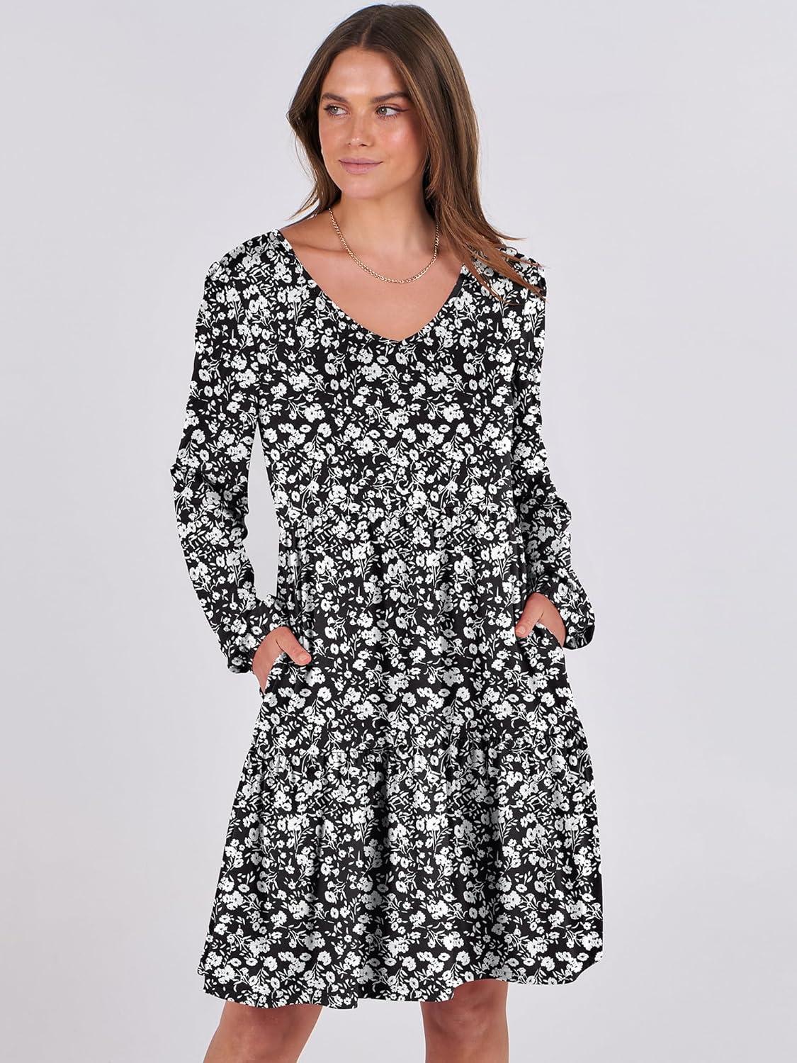 imageANRABESS Womens Long Sleeve Dress 2025 Fall Casual V Neck Tiered Flowy Short Dresses Beach Travel Vacation OutfitsFloral Black