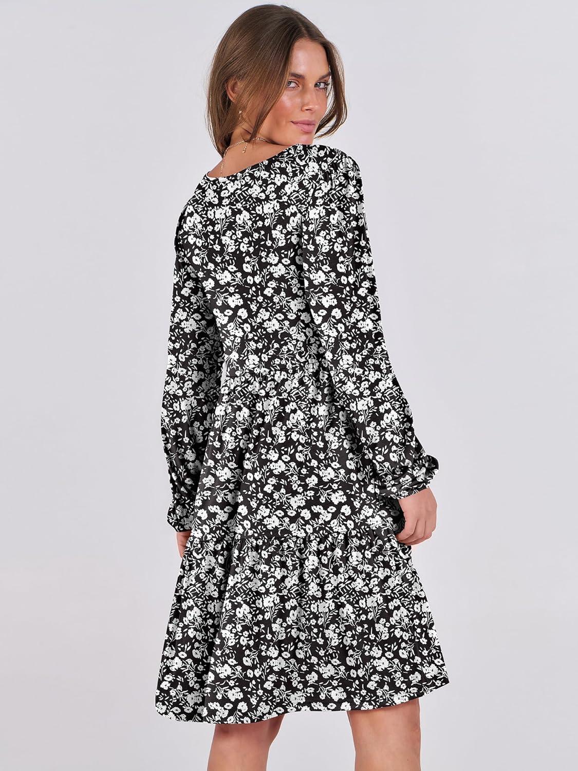 imageANRABESS Womens Long Sleeve Dress 2025 Fall Casual V Neck Tiered Flowy Short Dresses Beach Travel Vacation OutfitsFloral Black