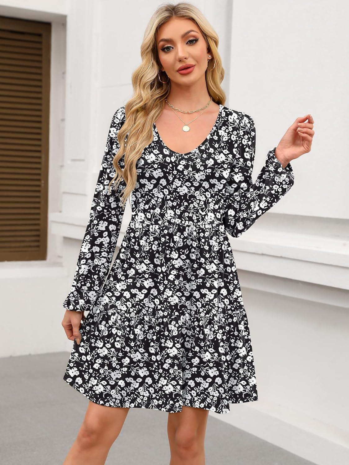 imageANRABESS Womens Long Sleeve Dress 2025 Fall Casual V Neck Tiered Flowy Short Dresses Beach Travel Vacation OutfitsFloral Black