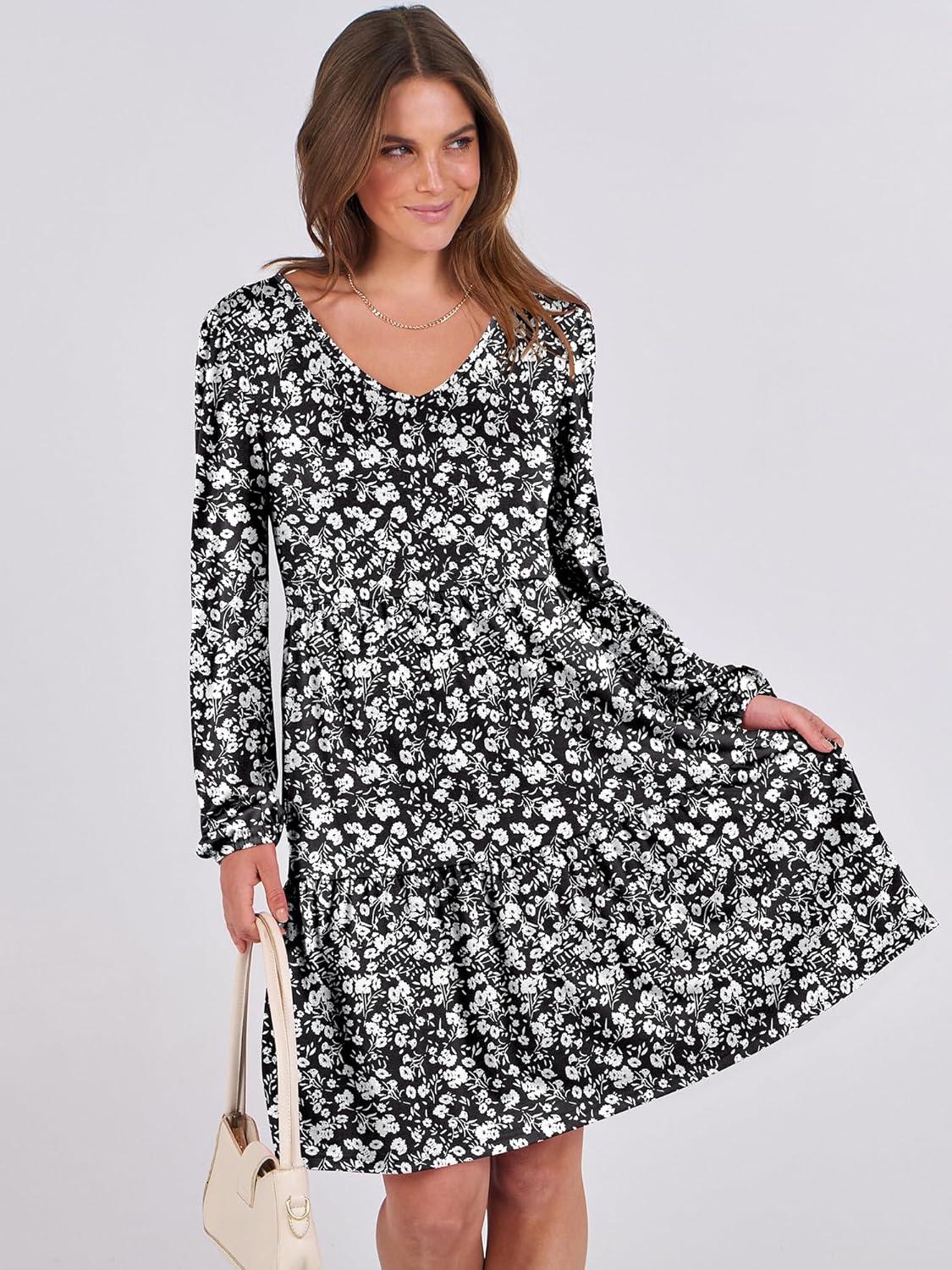 imageANRABESS Womens Long Sleeve Dress 2025 Fall Casual V Neck Tiered Flowy Short Dresses Beach Travel Vacation OutfitsFloral Black